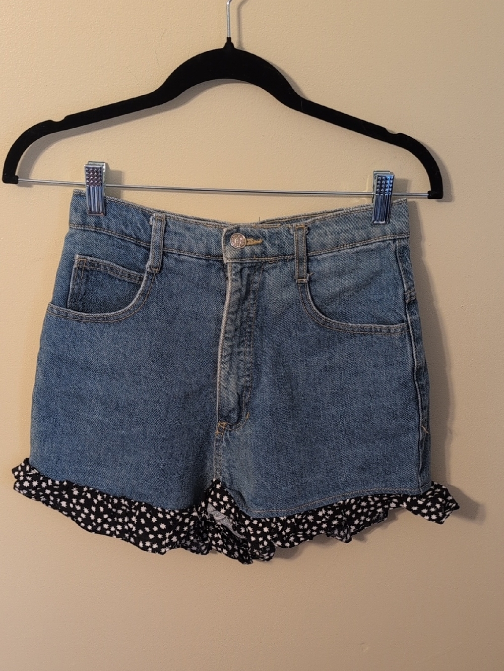 Y2k High waisted Vintage Blue Denim Shorts with Black-and-White Ruffle Hem
